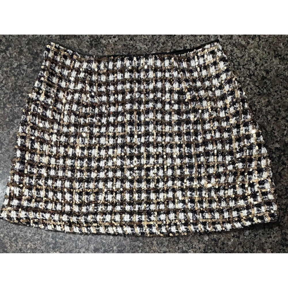 Lulus Gold Sequin Tweed Plaid Mini Skirt Black White Holiday Party Womens XL NWT